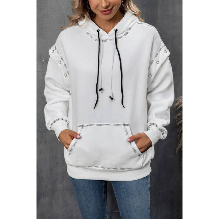 Drawstring Kangaroo Pocket Dropped Shoulder Hoodie White / XS Apparel and Accessories