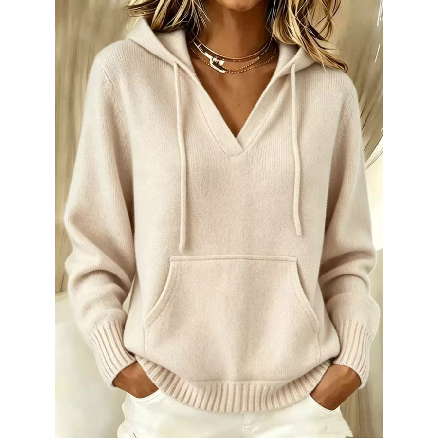 Drawstring Kangaroo Pocket Hooded Sweater Apricot / S