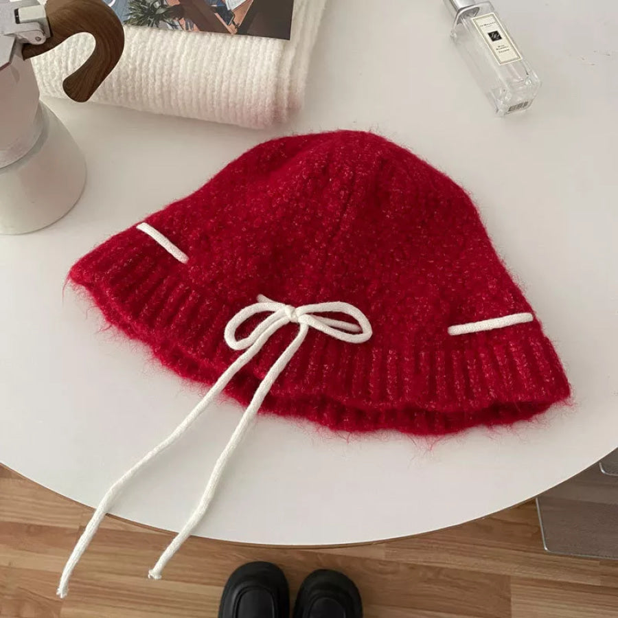 Drawstring Knitted Hat Red / One Size Apparel and Accessories