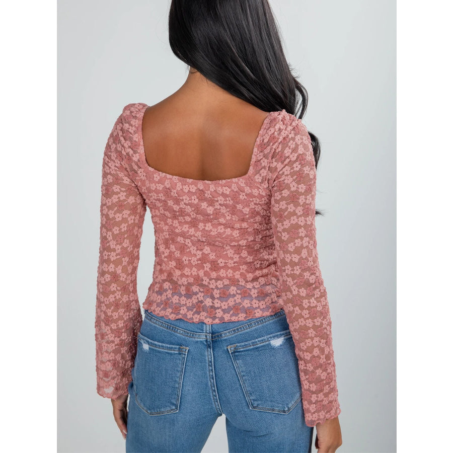 Drawstring Knot Detail Floral Lace Blouse Apparel and Accessories