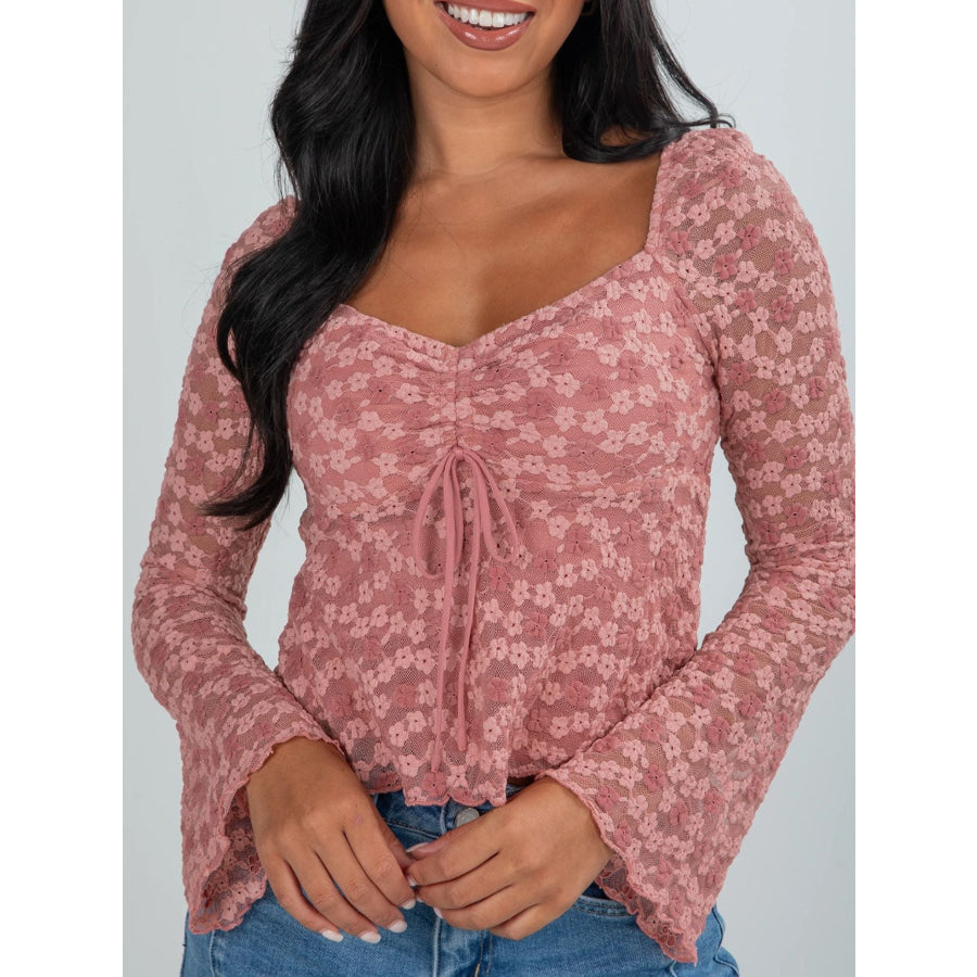 Drawstring Knot Detail Floral Lace Blouse Apparel and Accessories