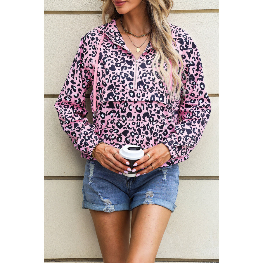Drawstring Leopard Half Zip Hoodie Carnation Pink / S Apparel and Accessories