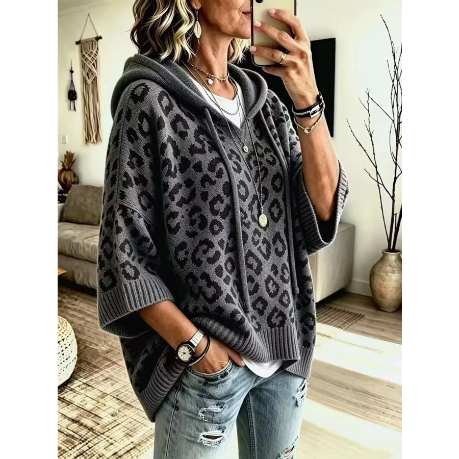 Drawstring Leopard Hooded Sweater Apparel and Accessories