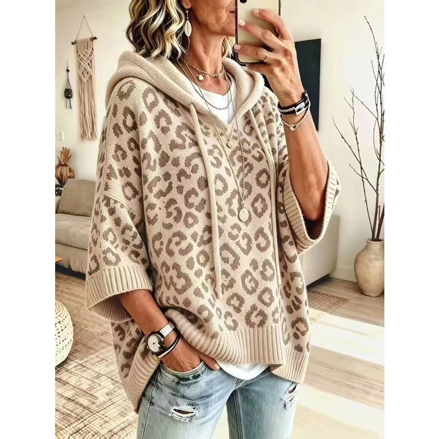 Drawstring Leopard Hooded Sweater Apricot / S Apparel and Accessories