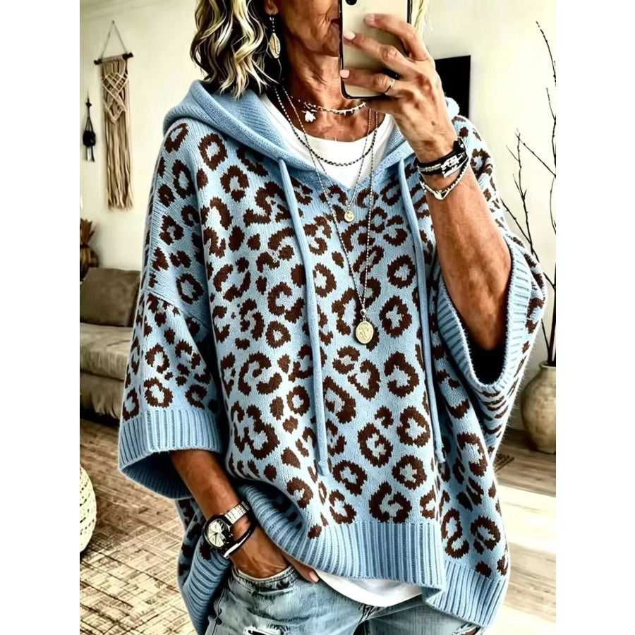 Drawstring Leopard Hooded Sweater Blue / S Apparel and Accessories