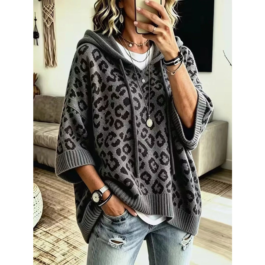 Drawstring Leopard Hooded Sweater Dark Gray / S Apparel and Accessories