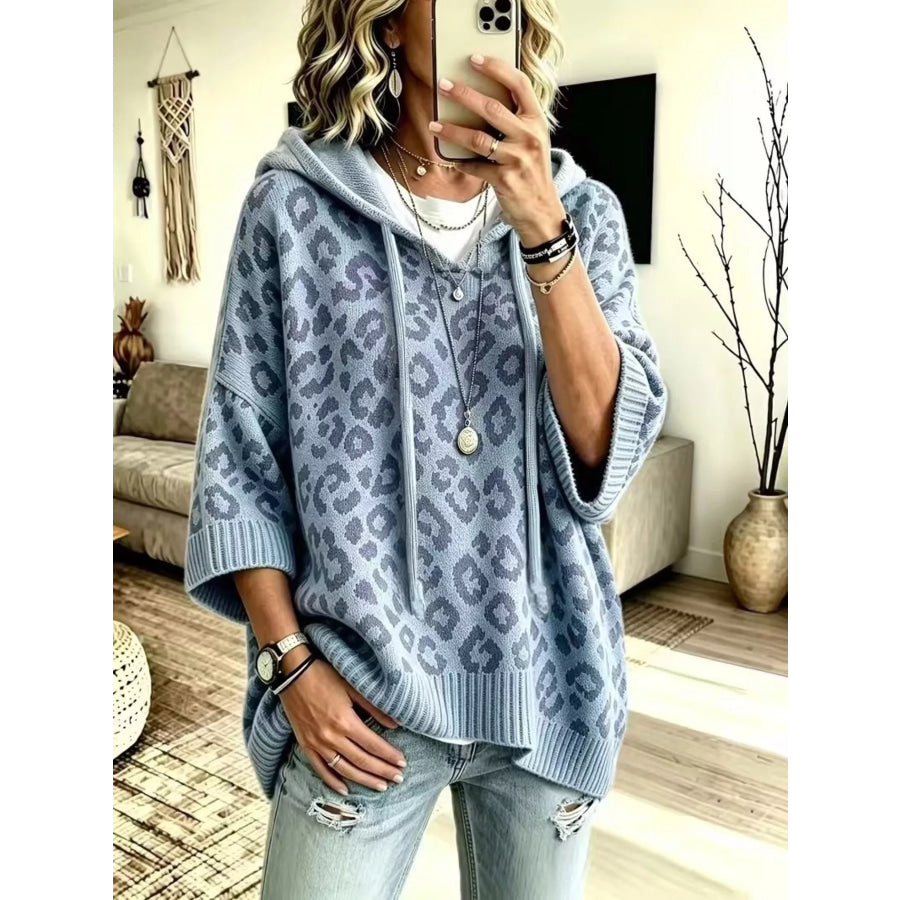 Drawstring Leopard Hooded Sweater Dusty Blue / S Apparel and Accessories