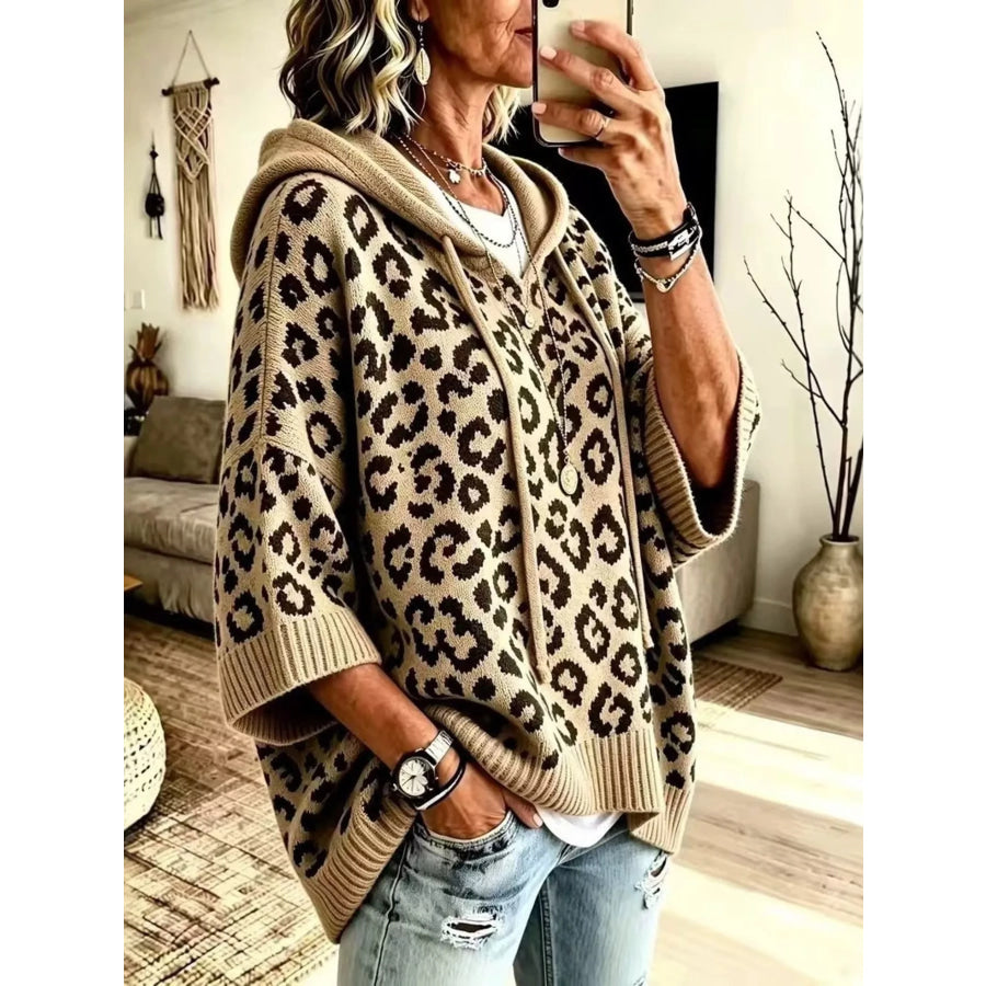 Drawstring Leopard Hooded Sweater Khaki / S Apparel and Accessories