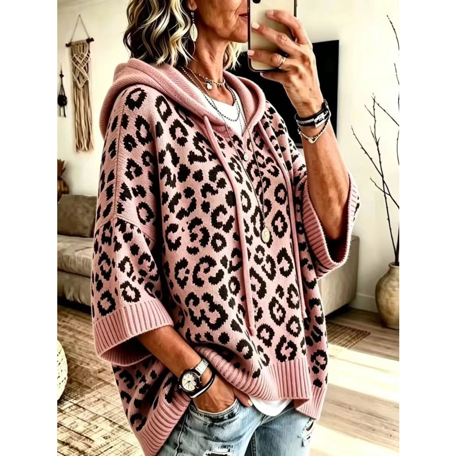 Drawstring Leopard Hooded Sweater Pink / S Apparel and Accessories