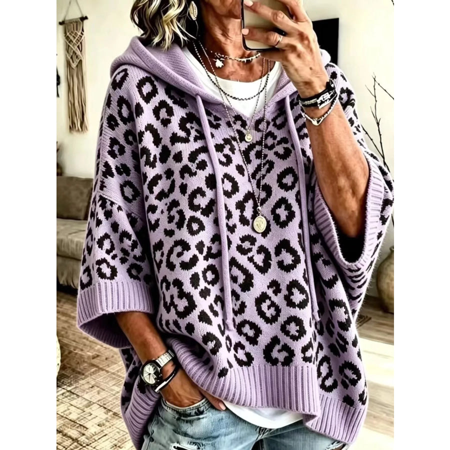 Drawstring Leopard Hooded Sweater Purple / S Apparel and Accessories