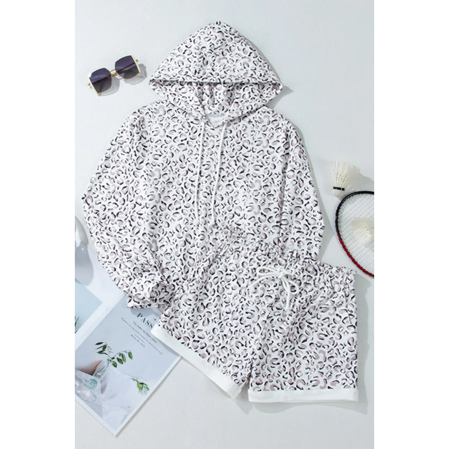 Drawstring Leopard Long Sleeve Hooded Top and Shorts Set Leopard / S Apparel and Accessories