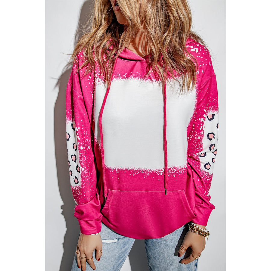 Drawstring Leopard Long Sleeve Hoodie Hot Pink / S Apparel and Accessories