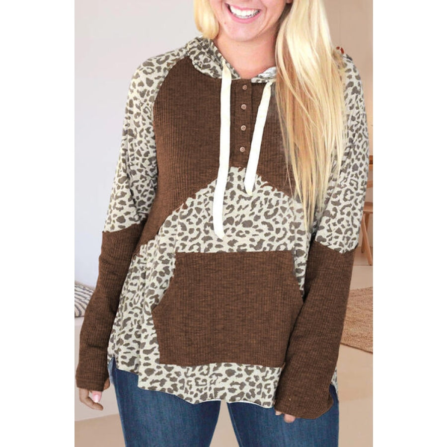 Drawstring Leopard Long Sleeve Hoodie Leopard / S