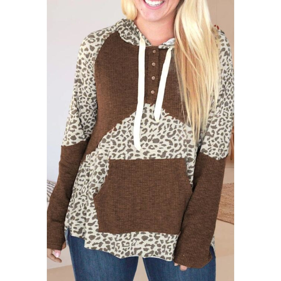 Drawstring Leopard Long Sleeve Hoodie