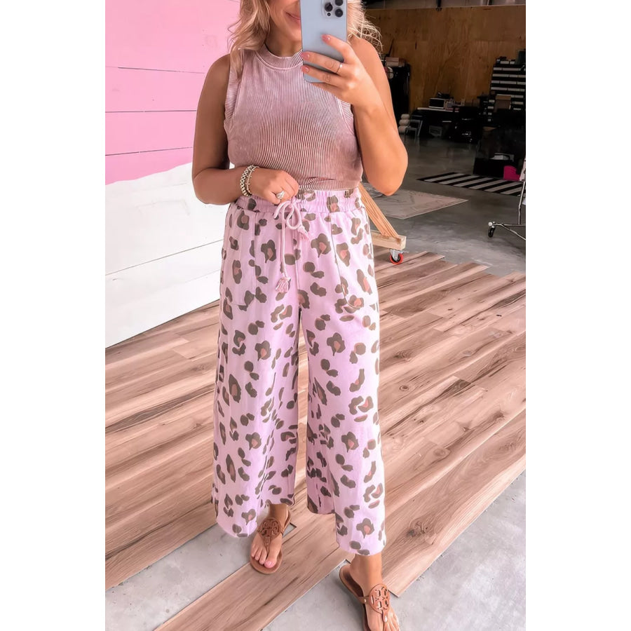 Drawstring Leopard Print Patch Pocket Loose Pants Apparel and Accessories