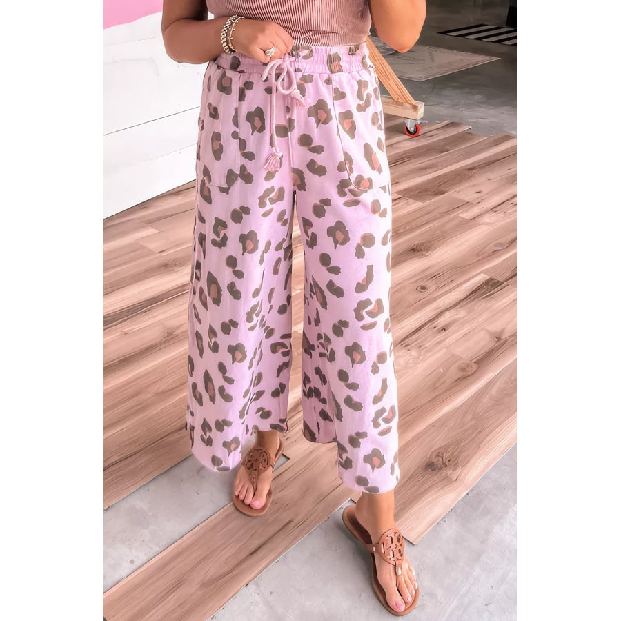Drawstring Leopard Print Patch Pocket Loose Pants Dusty Pink / S Apparel and Accessories