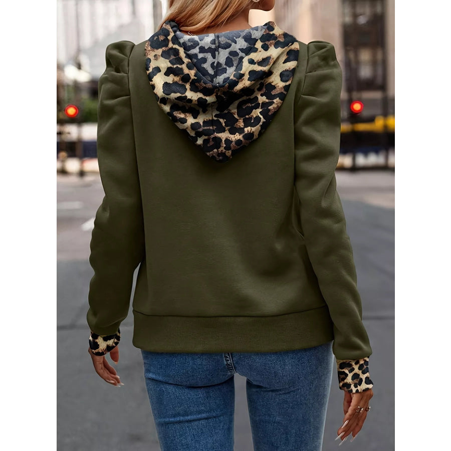 Drawstring Leopard Puff Sleeve Hoodie Apparel and Accessories