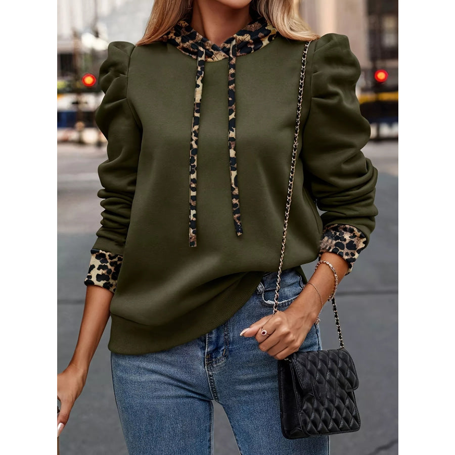 Drawstring Leopard Puff Sleeve Hoodie Army Green / S Apparel and Accessories