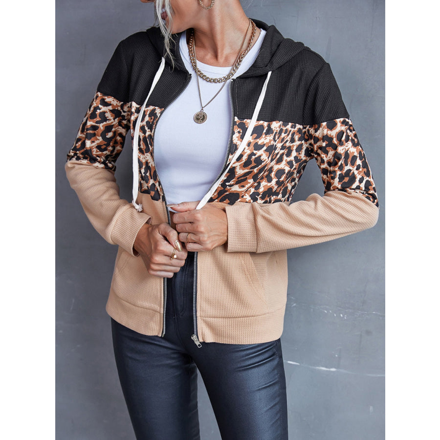 Drawstring Leopard Zip Up Hooded Jacket Apparel and Accessories