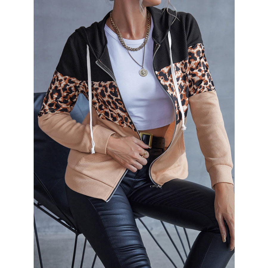 Drawstring Leopard Zip Up Hooded Jacket Apparel and Accessories