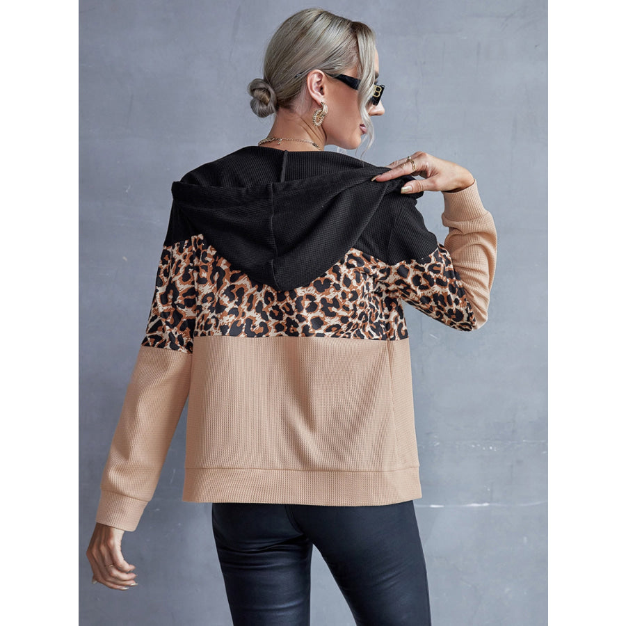 Drawstring Leopard Zip Up Hooded Jacket Apparel and Accessories