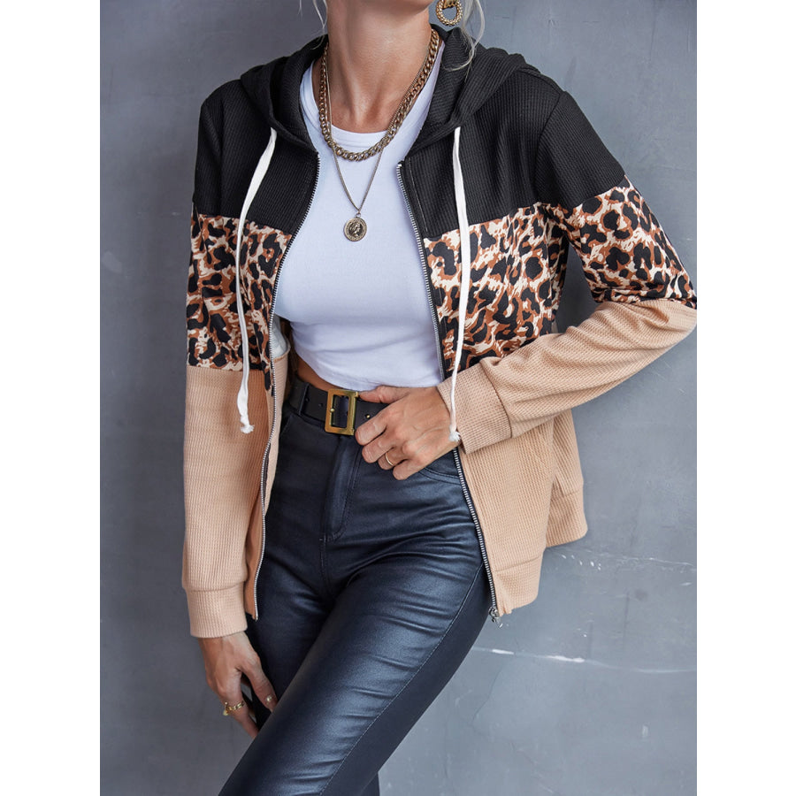 Drawstring Leopard Zip Up Hooded Jacket Black / S Apparel and Accessories