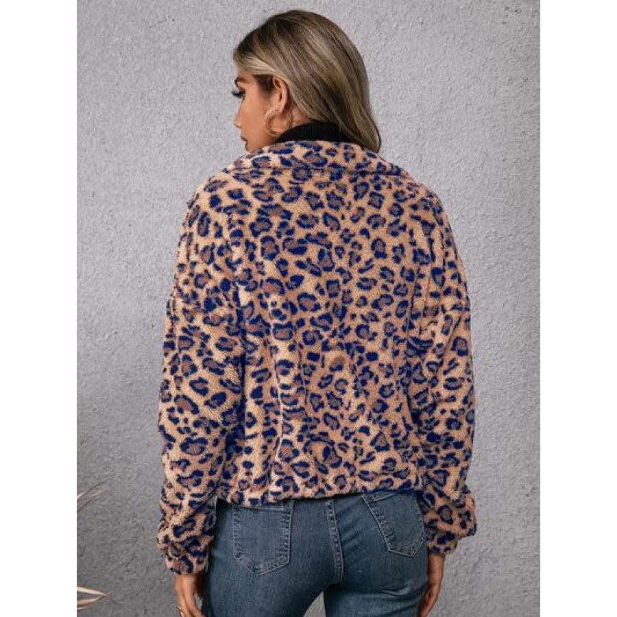 Drawstring Leopard Zip Up Jacket Apparel and Accessories