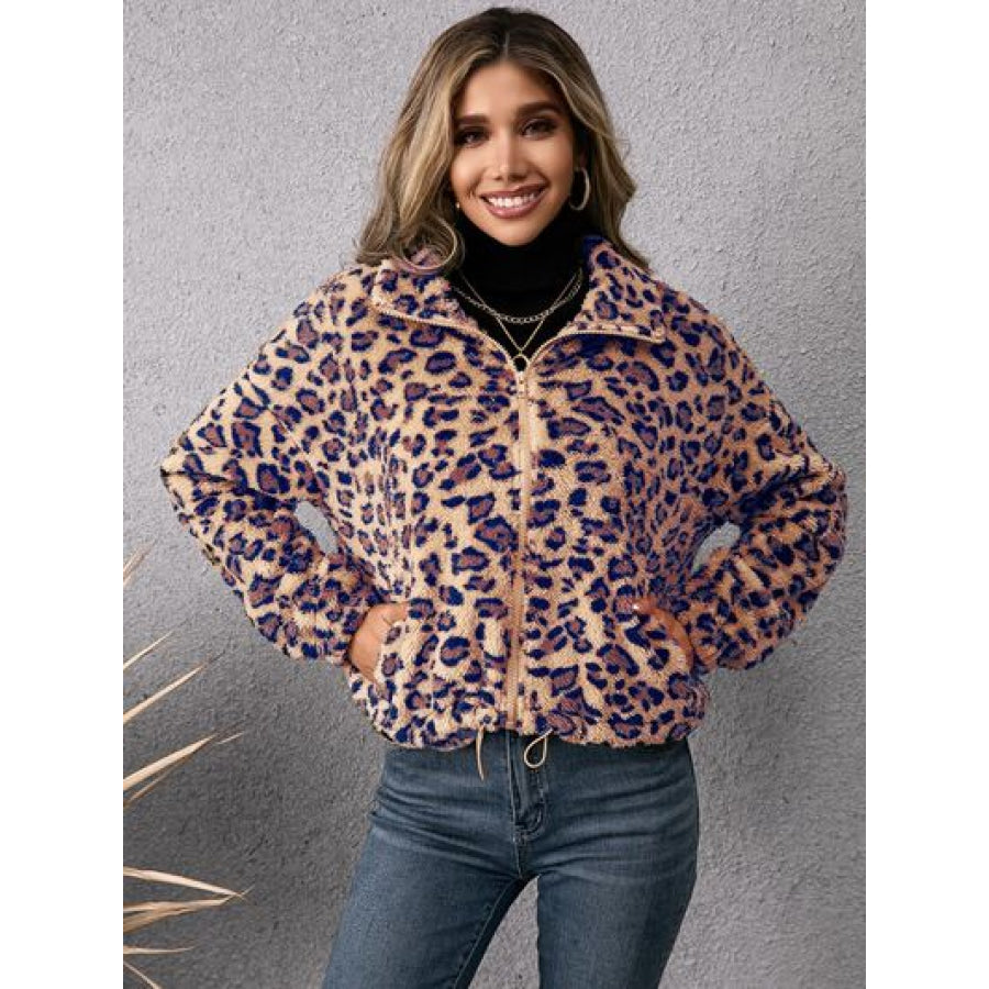 Drawstring Leopard Zip Up Jacket Apparel and Accessories