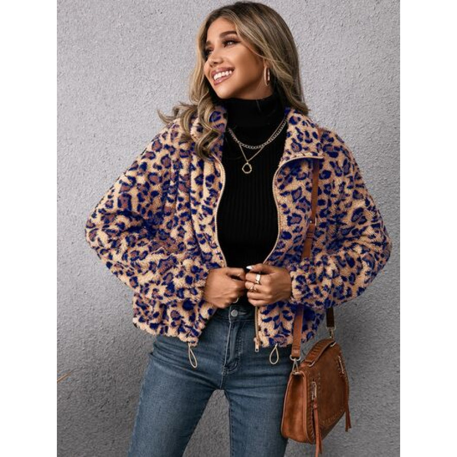 Drawstring Leopard Zip Up Jacket Apparel and Accessories