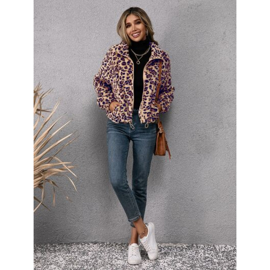 Drawstring Leopard Zip Up Jacket Apparel and Accessories