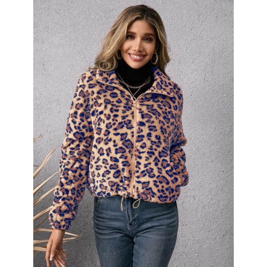 Drawstring Leopard Zip Up Jacket / S Apparel and Accessories