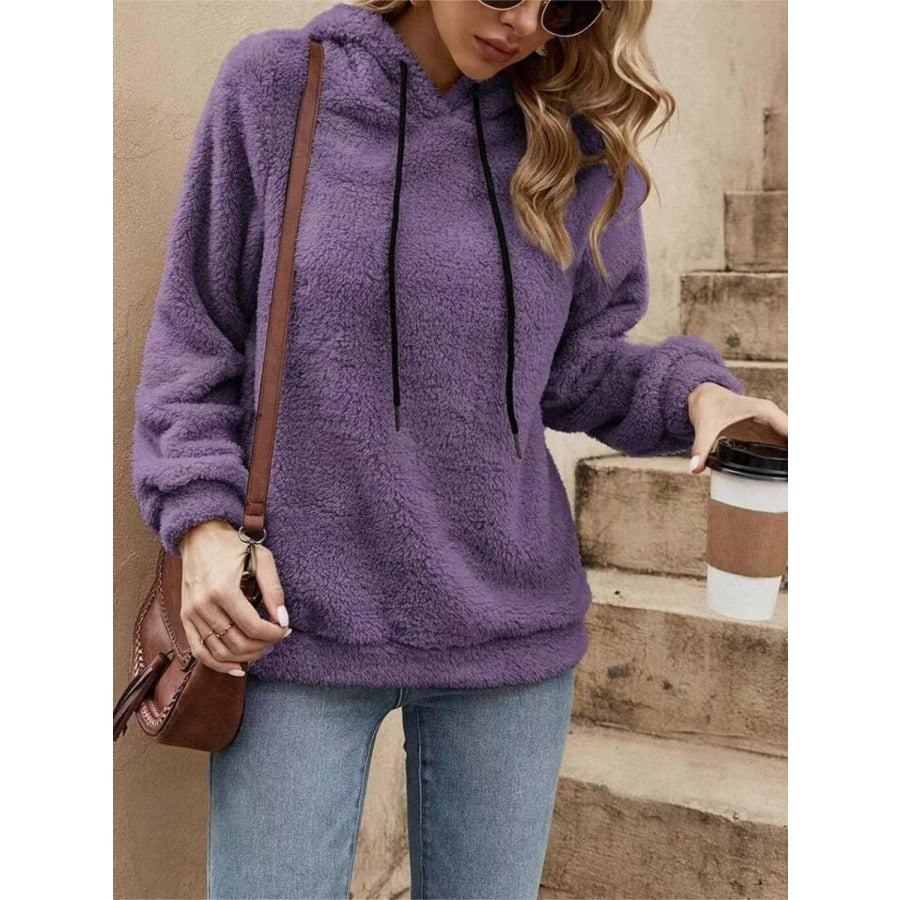 Drawstring Long Sleeve Fuzzy Hoodie Apparel and Accessories