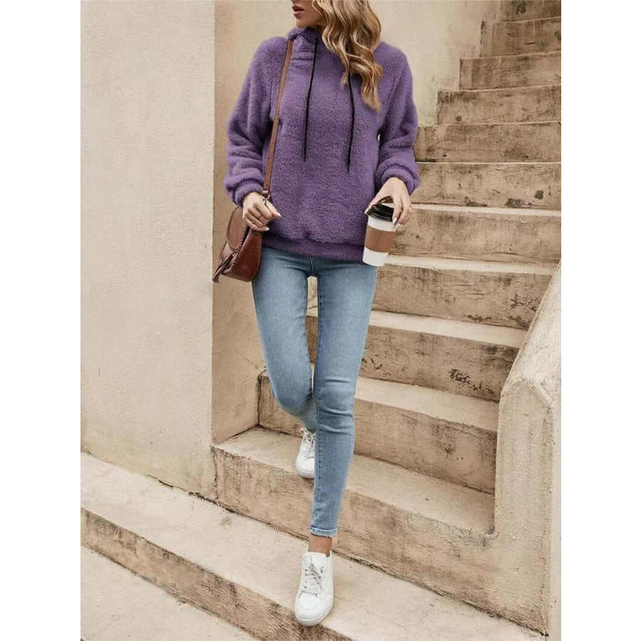 Drawstring Long Sleeve Fuzzy Hoodie Apparel and Accessories