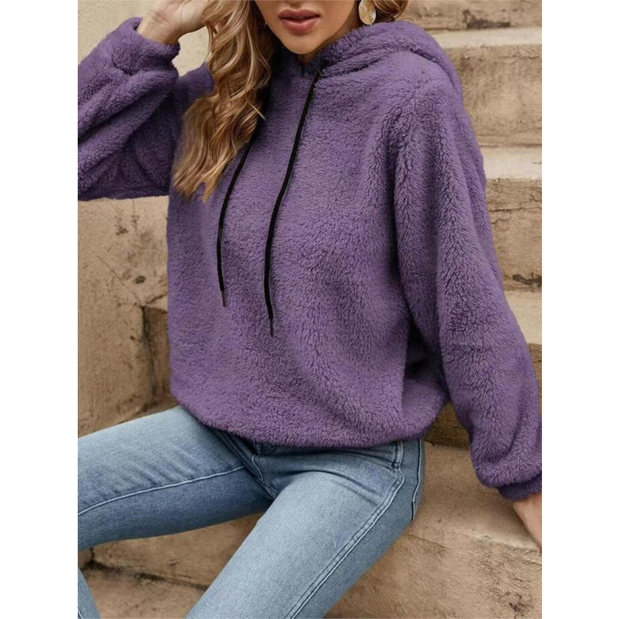 Drawstring Long Sleeve Fuzzy Hoodie Violet / S Apparel and Accessories