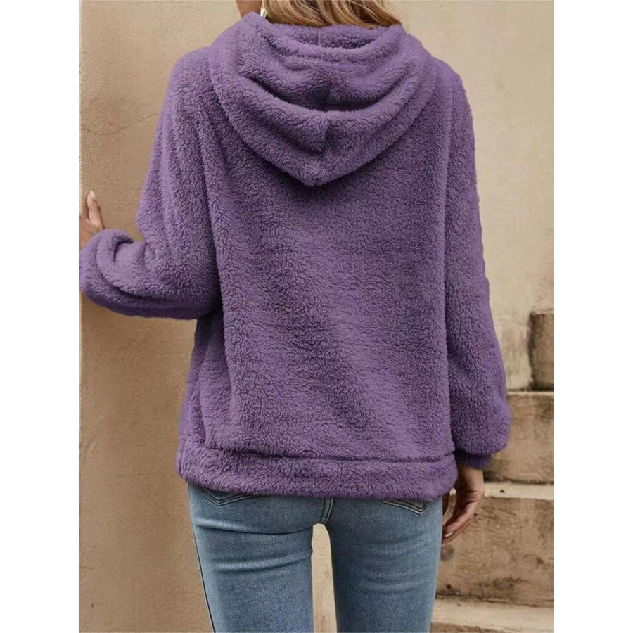 Drawstring Long Sleeve Fuzzy Hoodie Apparel and Accessories