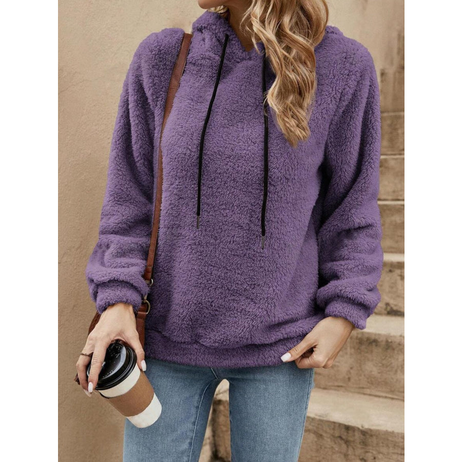 Drawstring Long Sleeve Fuzzy Hoodie Violet / S Apparel and Accessories