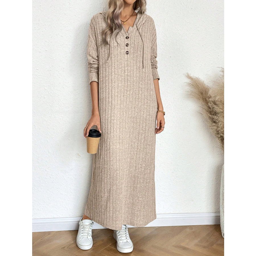 Drawstring Long Sleeve Hooded Dress Tan / S Apparel and Accessories