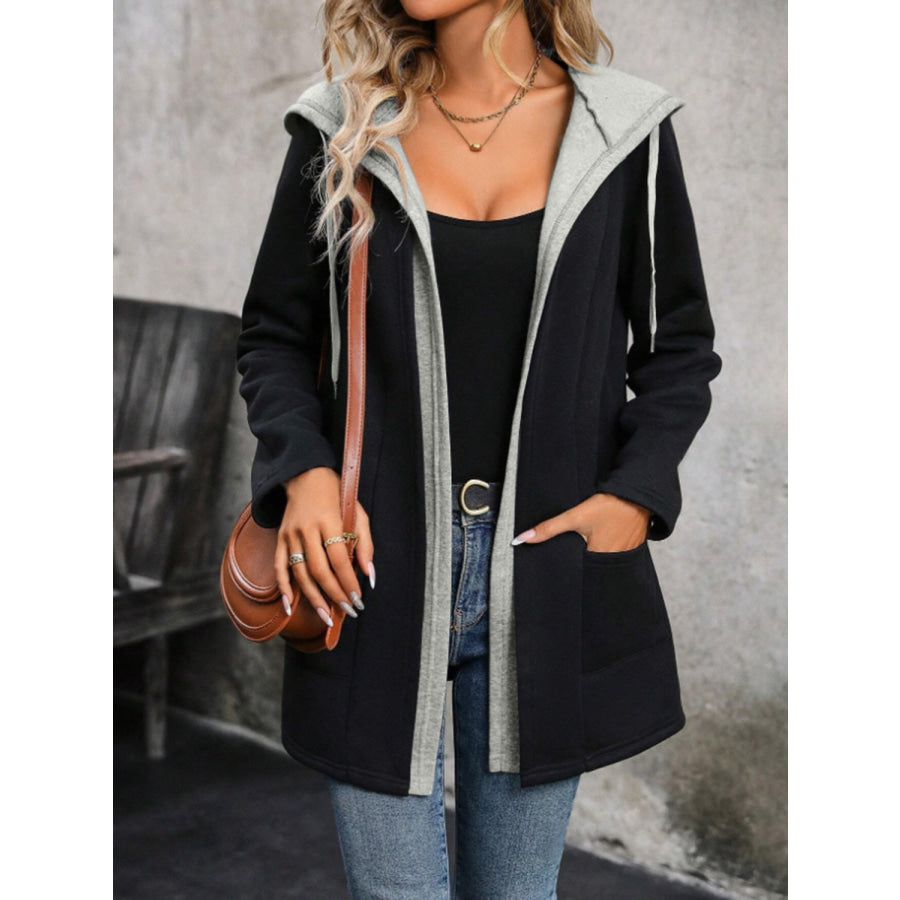 Drawstring Long Sleeve Hooded Jacket Black / S Apparel and Accessories