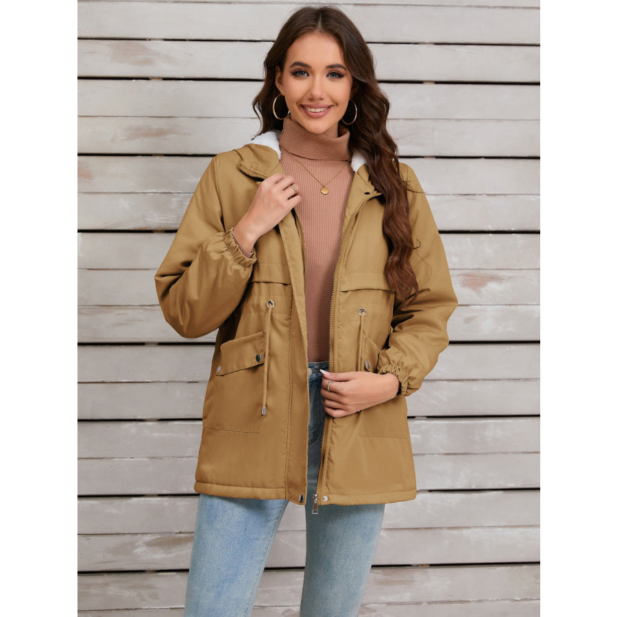 Drawstring Long Sleeve Hooded Jacket Camel / S Apparel and Accessories