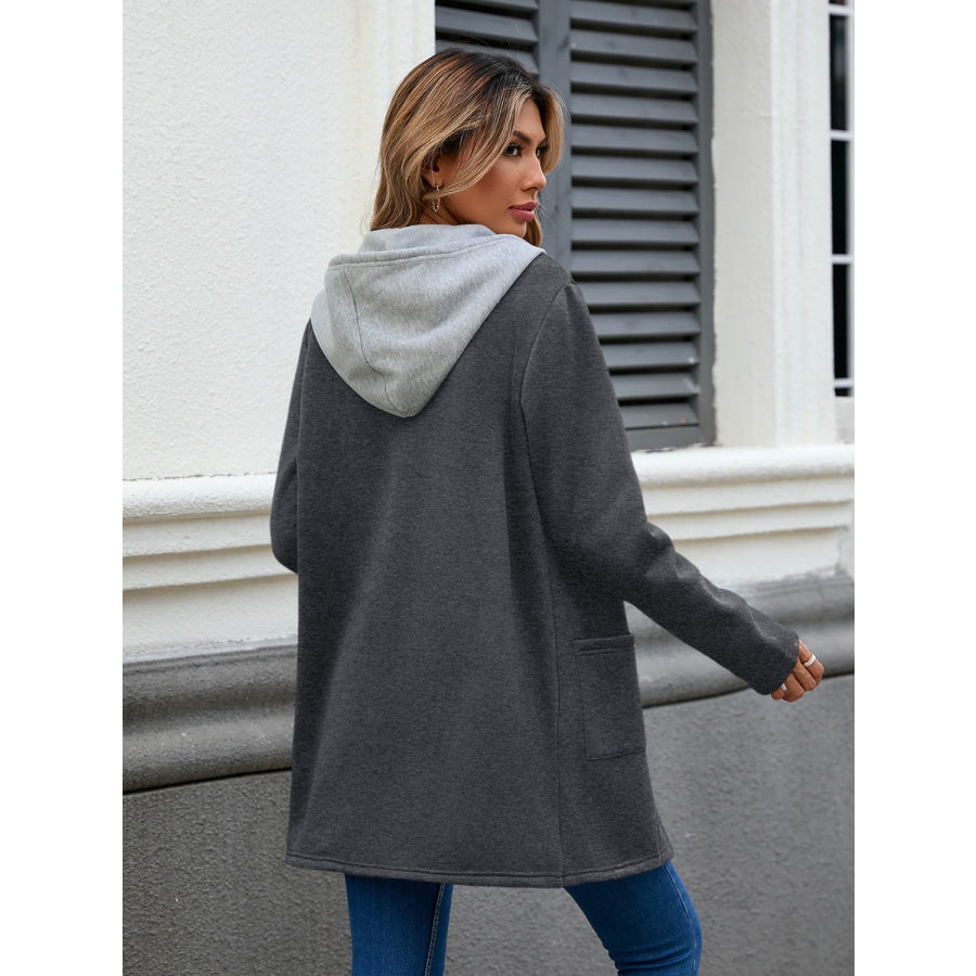 Drawstring Long Sleeve Hooded Jacket Dark Gray / S Apparel and Accessories