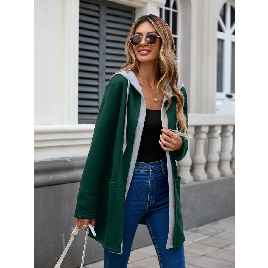 Drawstring Long Sleeve Hooded Jacket Dark Green / L Apparel and Accessories