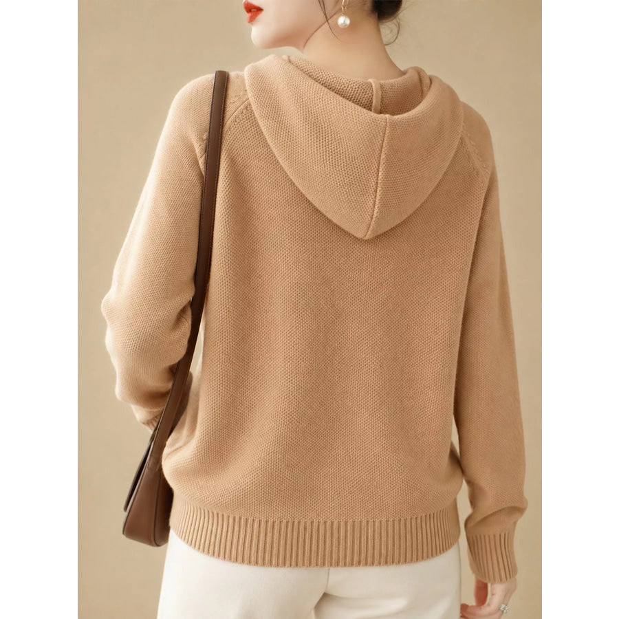Drawstring Long Sleeve Hooded Knit Sweater Apparel and Accessories