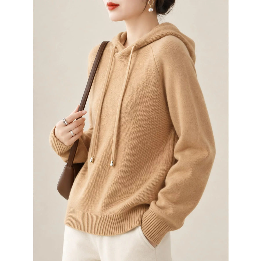 Drawstring Long Sleeve Hooded Knit Sweater Apparel and Accessories
