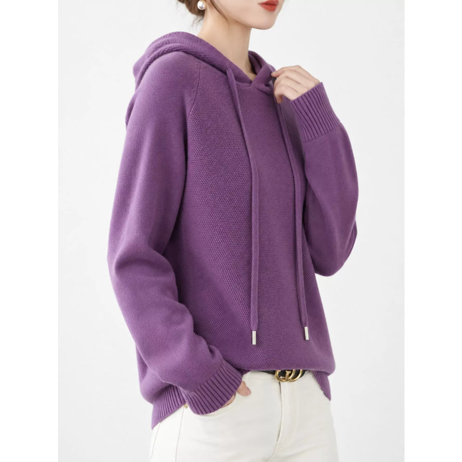 Drawstring Long Sleeve Hooded Knit Sweater Apparel and Accessories