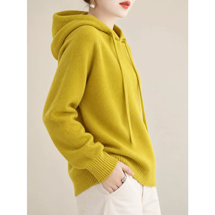 Drawstring Long Sleeve Hooded Knit Sweater Apparel and Accessories