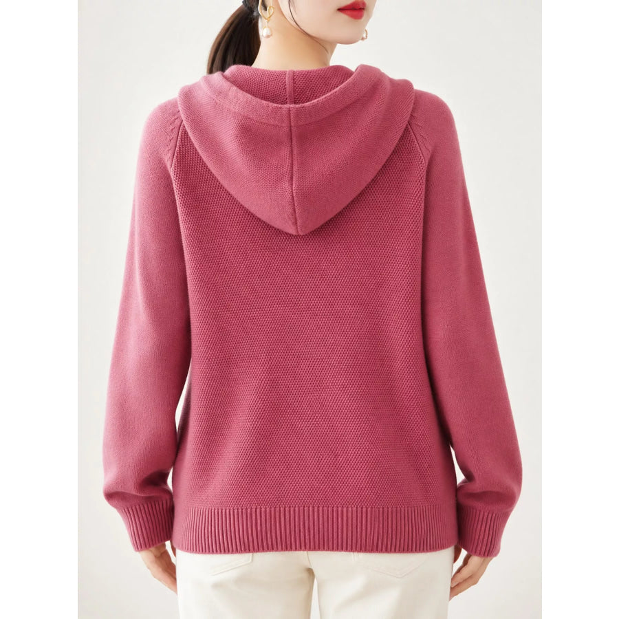 Drawstring Long Sleeve Hooded Knit Sweater Apparel and Accessories