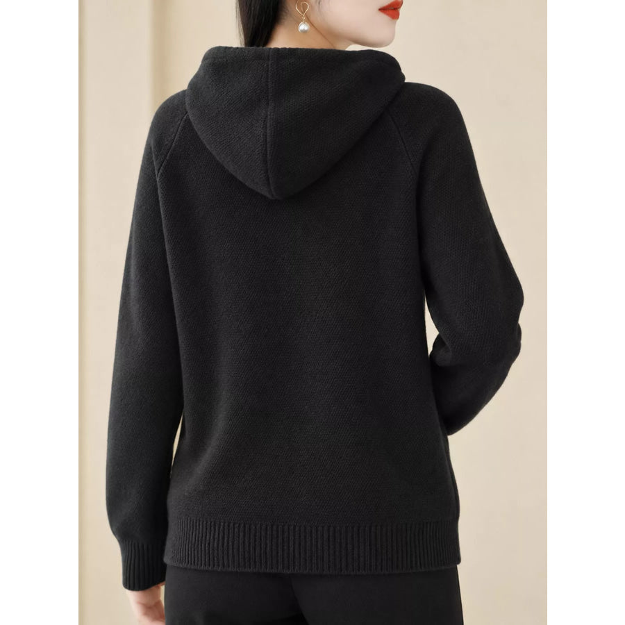 Drawstring Long Sleeve Hooded Knit Sweater Apparel and Accessories
