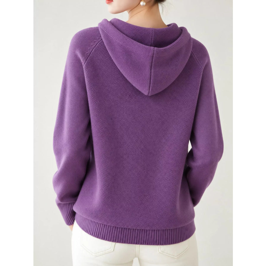 Drawstring Long Sleeve Hooded Knit Sweater Apparel and Accessories