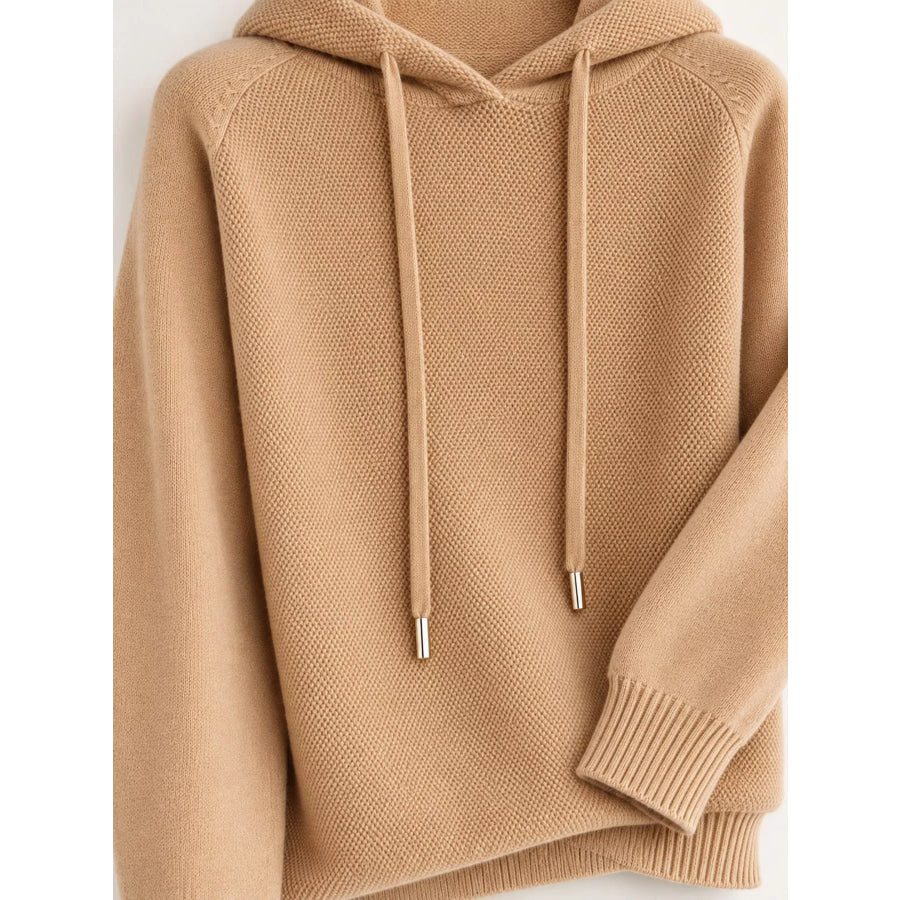 Drawstring Long Sleeve Hooded Knit Sweater Apparel and Accessories