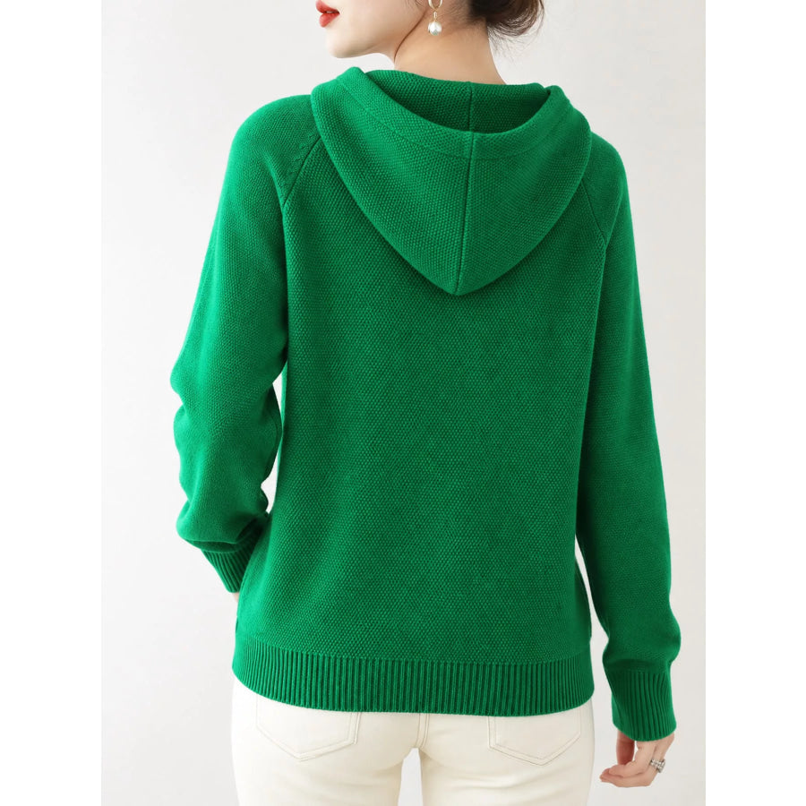 Drawstring Long Sleeve Hooded Knit Sweater Apparel and Accessories